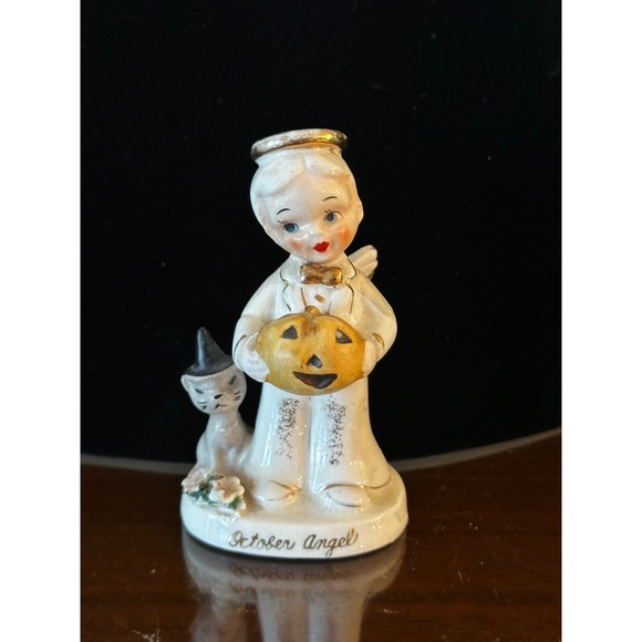 Vintage Ceramic Napco October Boy Angel Halloween A1926 Jackolantern Pumpkin Cat - Picture 1 of 11
